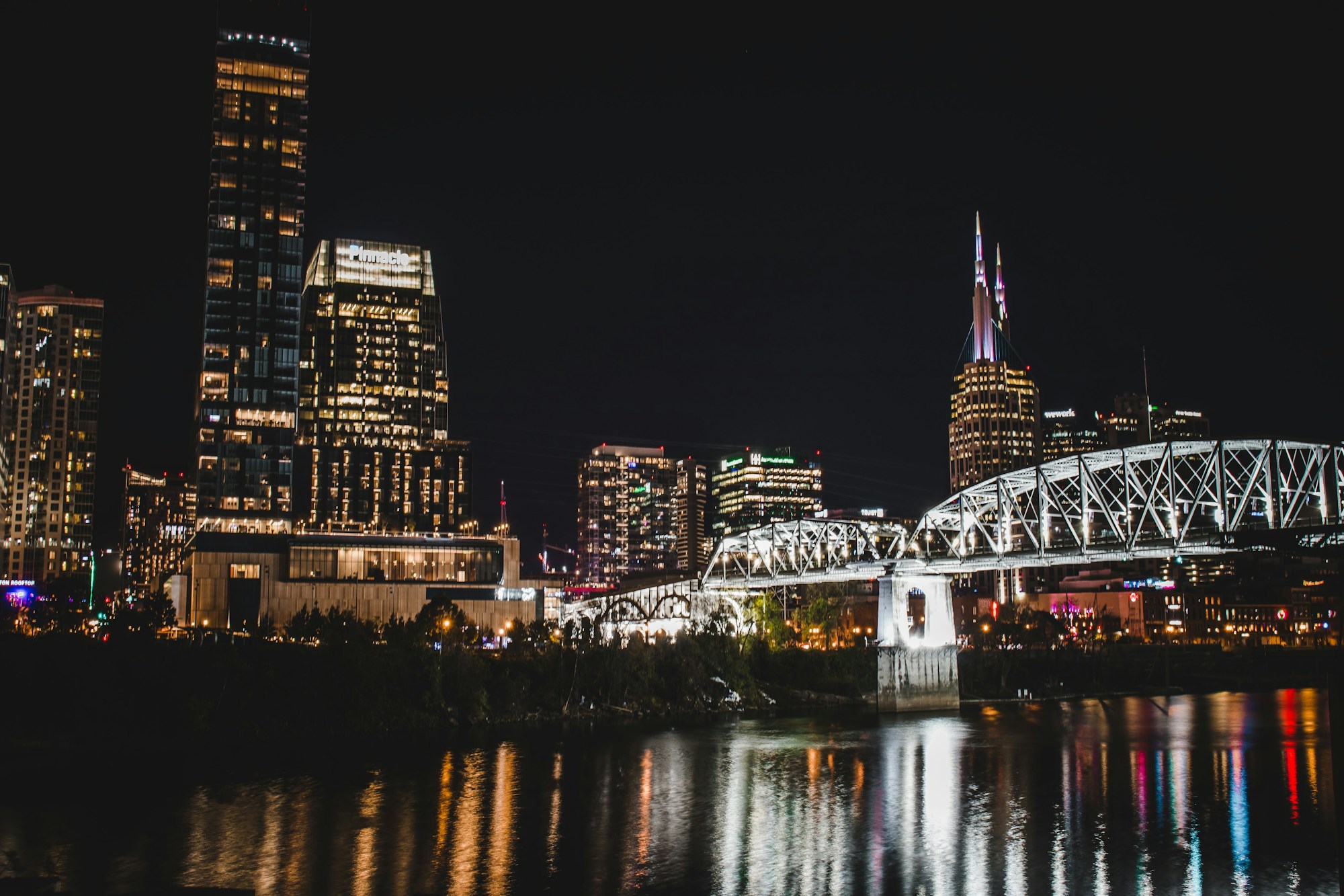 Downtown Nashville skyline at night from the Cumberland River